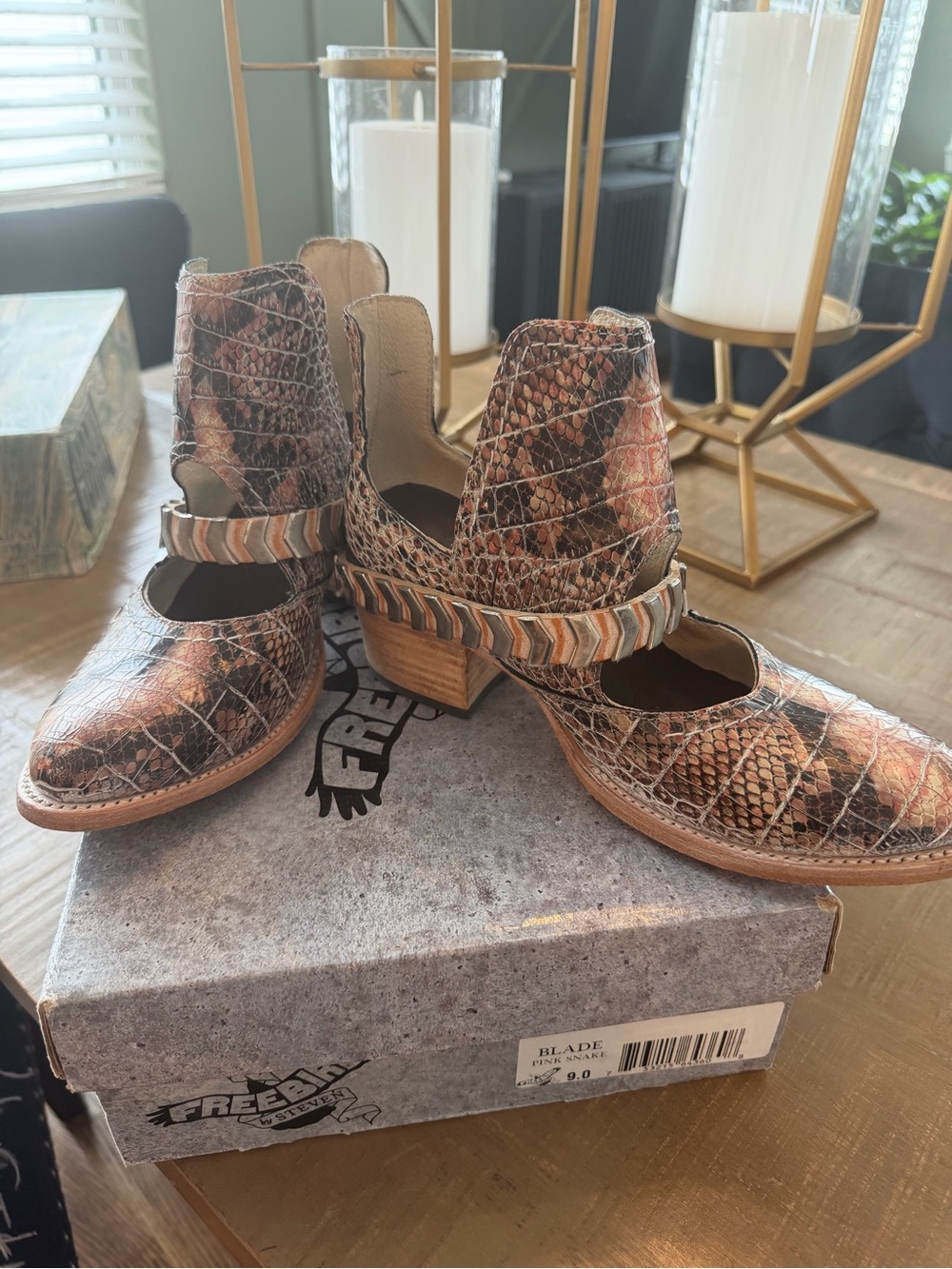 freebird Brown Snake-Print Mary Jane Ankle Boots
